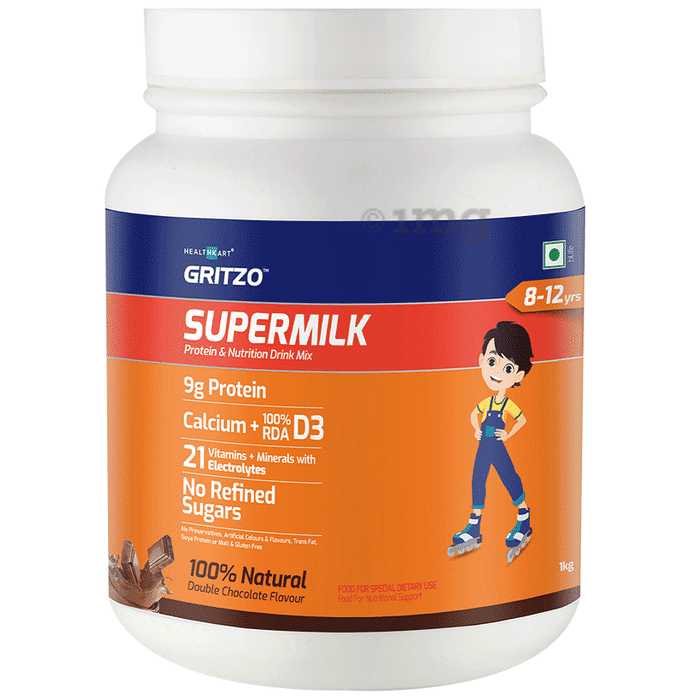Gritzo SuperMilk for Active Kids, Protein Powder for Kids, High Protein (6 g), DHA, Calcium + D3, 21 Nutrients, No Refined Sugar, 100% Natural Double Chocolate Flavour 8-12 years Double Chocolate