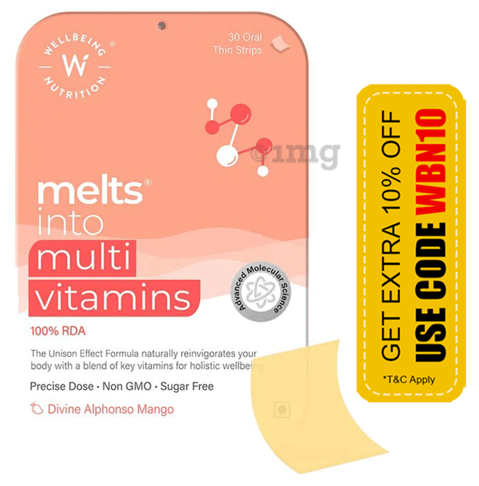 Wellbeing Nutrition Marvel Melts into Natural B12 + D3 Oral Thin Strip For Energy, Growth & Development | Flavour Exotic Mango