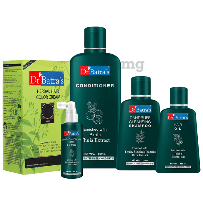Dr Batra's Combo Pack of Anti-Dandruff Hair Serum 125ml, Dandruff Cleansing Shampoo 100ml, Hair Oil 100ml, Conditioner 200ml,  and Herbal Hair Color Cream 130gm Black