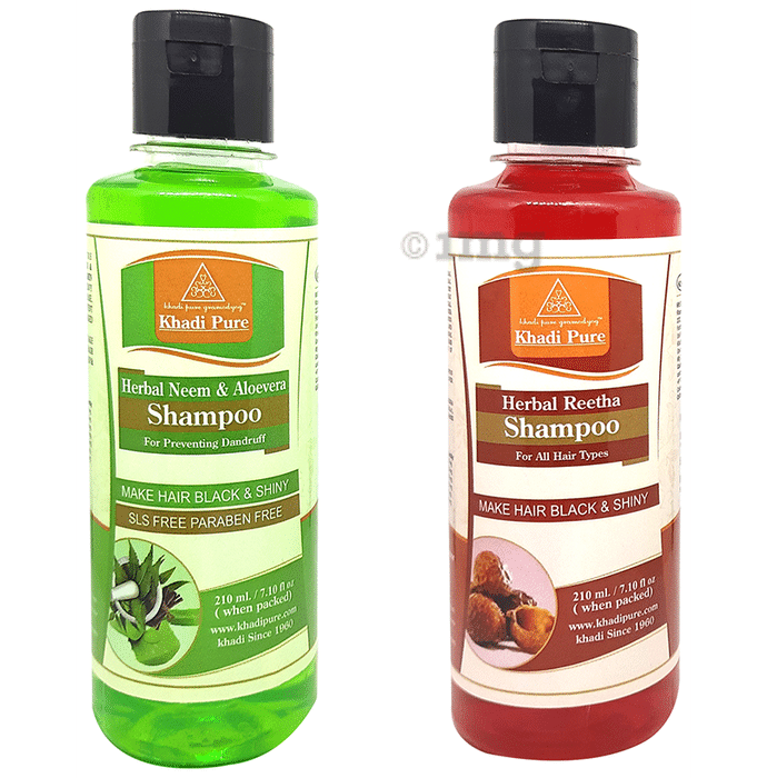 Khadi Pure Combo Pack of Herbal Reetha Shampoo & Herbal Neem & Aloevera Shampoo SLS Free & Paraben Free (210ml Each)