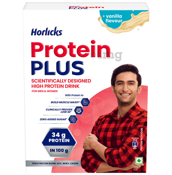 Horlicks Protein Plus with Triple Protein Blend of Soy, Whey, Casein | No Added Sugar | Flavour Vanilla