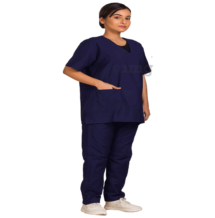 Agarwals  Unisex Navy Blue V-Neck Scrub Suit Top and Bottom Uniform Ideal Small
