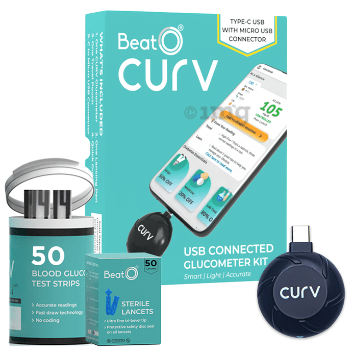 BeatO CURV Smartphone Glucometer | Sugar Test Machine Type-C USB | Diabetes Monitoring Devices | Blood Glucose Monitors with 50 Strips & 50 Lancets