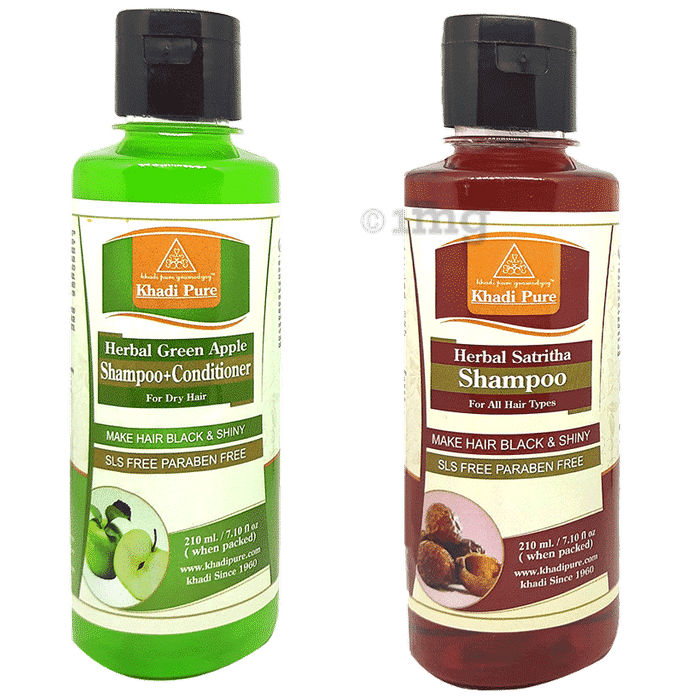 Khadi Pure Combo Pack of Herbal Green Apple Shampoo + Conditioner & Herbal Satritha Shampoo SLS & Paraben Free (210ml Each)
