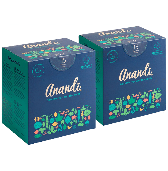 Anandi 100% Organic Cotton Sanitary Pads for Women with Disposal Pouch (15 Each) XXL
