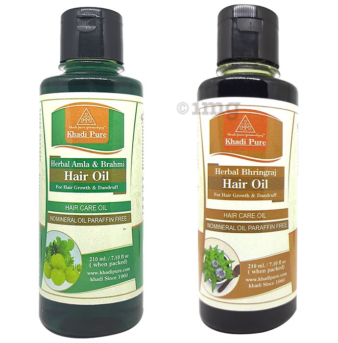 Khadi Pure Combo Pack of Herbal Amla & Brahmi Hair Oil & Herbal Bhringraj Hair Oil No Mineral Oil & Paraffin Free (210ml Each)