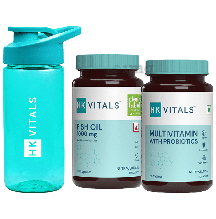 HK Vitals Combo Pack of Multivitamin with Probiotics Tablet (60) & Fish Oil Capsules 1000mg (60) with 300 ml Sipper Bottle