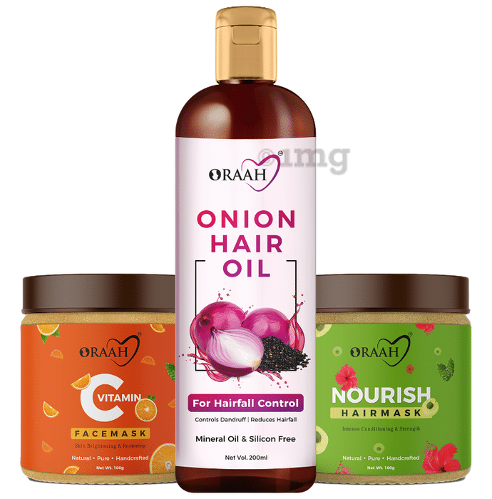 Oraah Combo Pack of Onion Hair Oil 200ml, Vitamin C Face Mask 100gm & Nourish Hair Mask 100gm