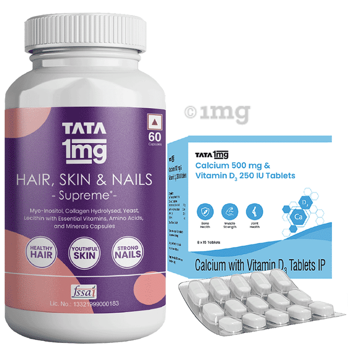Combo Pack of Tata 1mg Hair, Skin & Nails Supreme Biotin Capsule (60) & Tata 1mg Calcium 500mg & Vitamin D3 250IU Tablet (15)