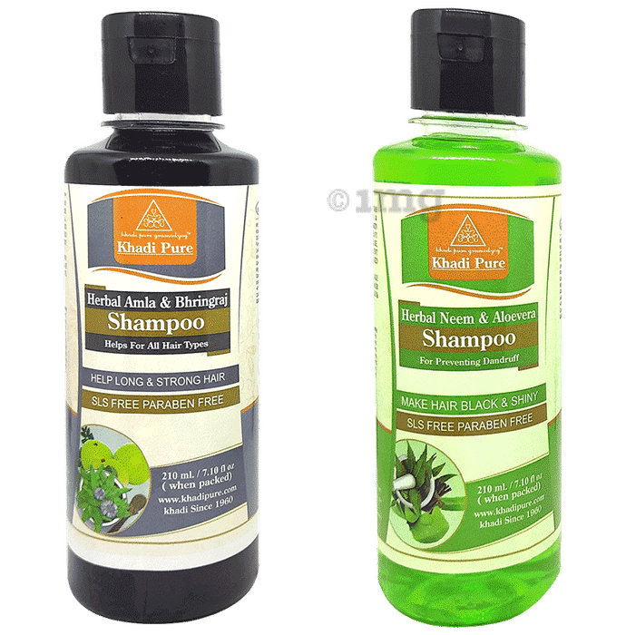 Khadi Pure Combo Pack of Herbal Amla & Bhringraj Shampoo & Herbal Neem & Aloevera Shampoo SLS & Paraben Free (210ml Each)