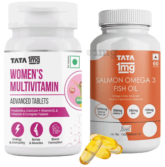 Combo Pack of Tata 1mg Salmon Omega 3 Fish Oil Capsule (60) & Tata 1mg Women's Multivitamin Veg Tablet (60)