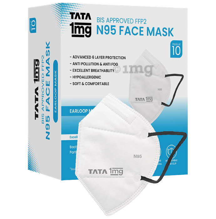 Tata 1mg BIS Approved FFP2 N95 Mask White - Ear Loop, Premium Face Mask 6 Layers