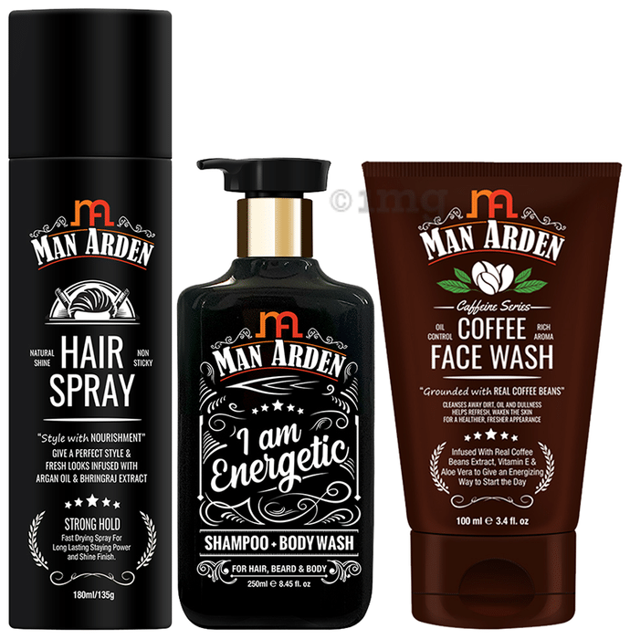 Man Arden Combo Pack of Hair Spray (180ml), I Am Energetic Shampoo + Body Wash (250ml) & Coffee Face Wash (100ml)