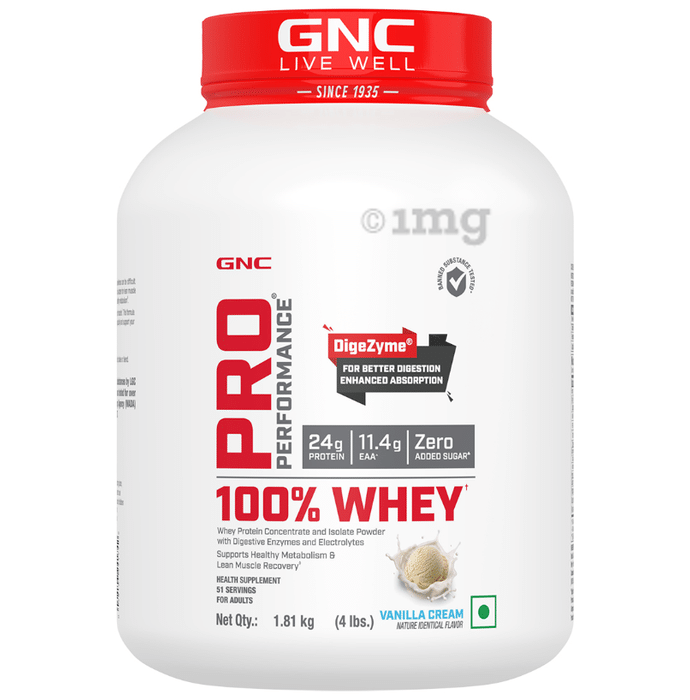 GNC Pro Performance 100% Whey Protein |  With Digestive Enzymes & Electrolytes | For Metabolism & Lean Muscles Recovery | Flavour Powder Vanilla Cream