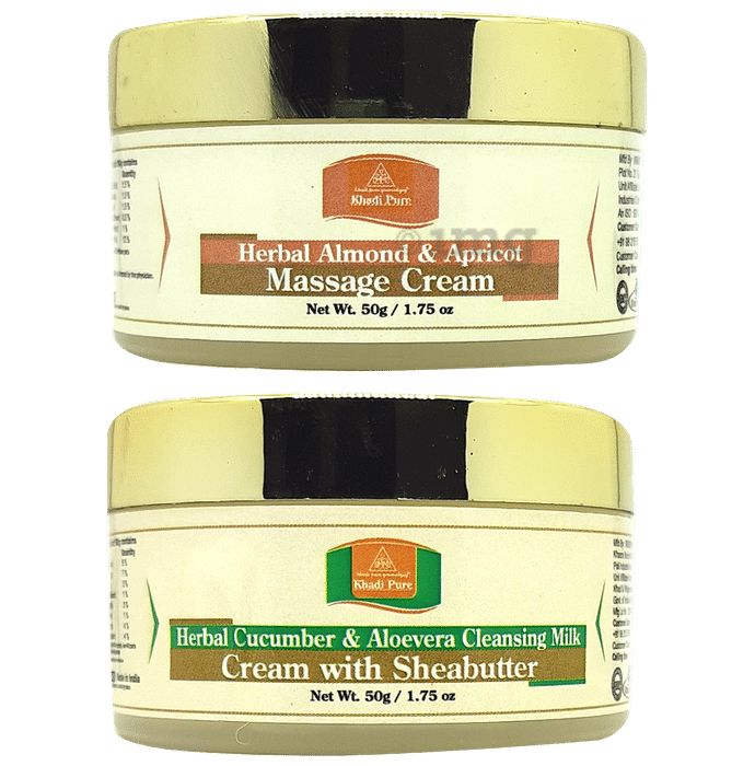 Khadi Pure Combo Pack of Herbal Almond & Apricot Massage Cream & Herbal Cucumber & Aloevera Cleansing Milk Cream (50gm Each)