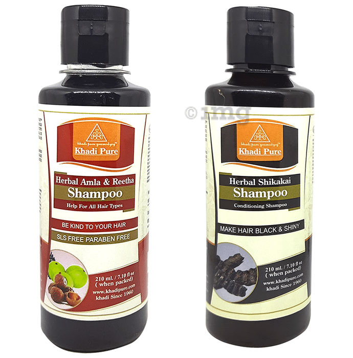 Khadi Pure Combo Pack of Herbal Shikakai Shampoo & Herbal Amla & Reetha Shampoo SLS Free & Paraben Free (210ml Each)