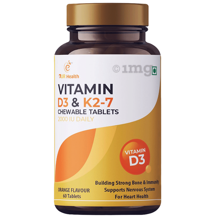 Eur Health Vitamin D3 & K2-7 for Bones, Muscles & Nervous System | Flavour Orange Chewable Tablet