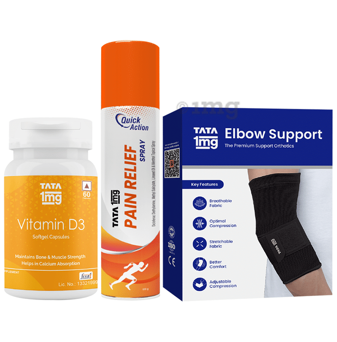 Combo Pack of Tata 1mg Vitamin D3 Capsule (60), Tata 1mg Elbow Support Large & Tata 1mg Pain Relief Spray (100gm)