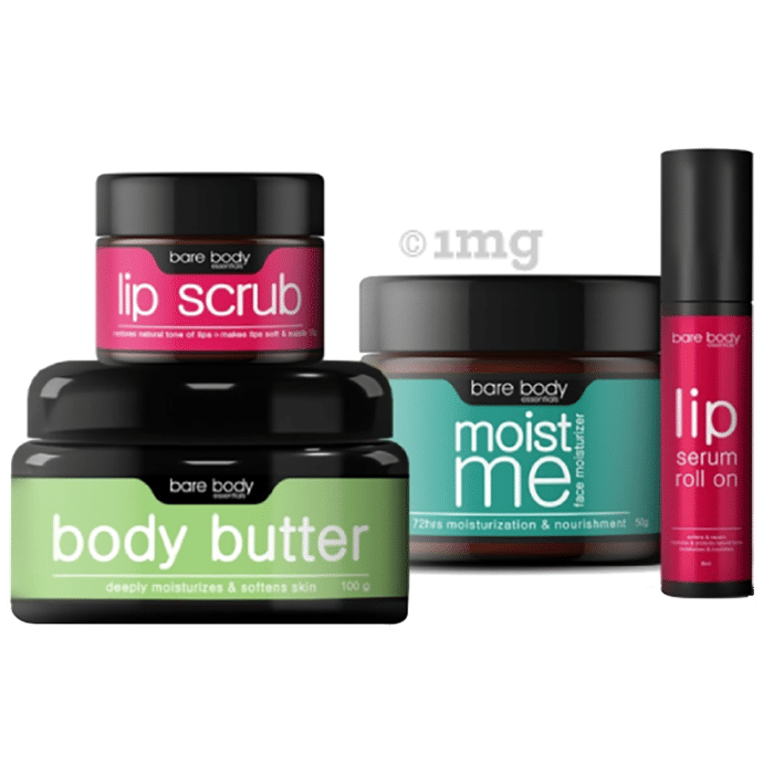 Bare Body Essentials Winter Essentials Combo of Lip Scrub 15gm, Body Butter  Cream 100gm, Moist Me Face Moisturizer 50gm and , Lip Serum Roll On 8ml