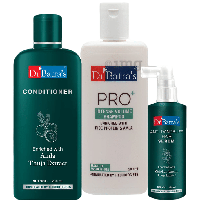 Dr Batra's Combo Pack of Anti-Dandruff Hair Serum 125ml, Conditioner 200ml and Pro+ Intense Volume Shampoo 200ml