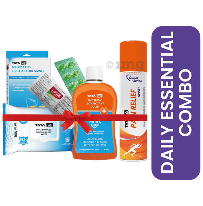 Tata 1mg Daily Essential Combo with Pain Relief Spray, Antiseptic Liquid, Pudina Cooling Pearls, Wipes & First Aid Dressing