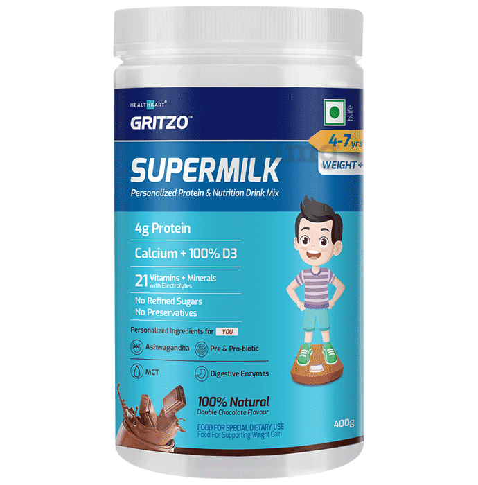 Healthkart Gritzo SuperMilk Personalized Protein & Nutritional Drink Weight+ for 4 to 7 Yrs Kids Double Chocolate