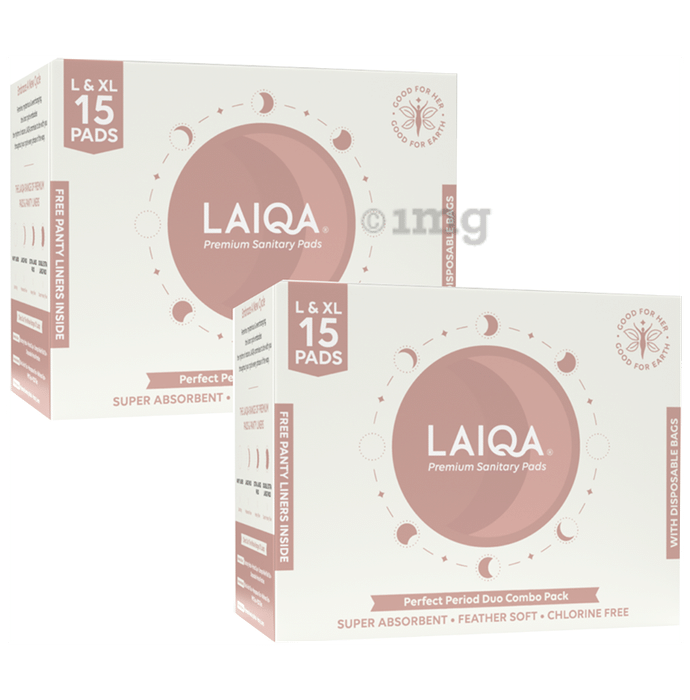 Laiqa Combo Pack of Premium Sanitary Pad (10) Large (5 XL) with (15) Disposable Bag and (3) Panty Liner