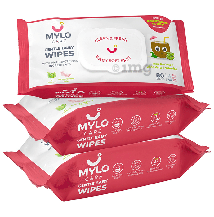 Mylo Care Gentle Baby Wipes with 98% Pure Water, Coconut Oil & Neem (80 Each) with Lid