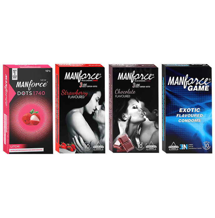 Manforce Combo Pack of Dots 1740 Litchi Flavoured Condom, Strawberry Flavoured Condom, Chocolate Flavoured Condom, Game Exotic Flavoured Condom