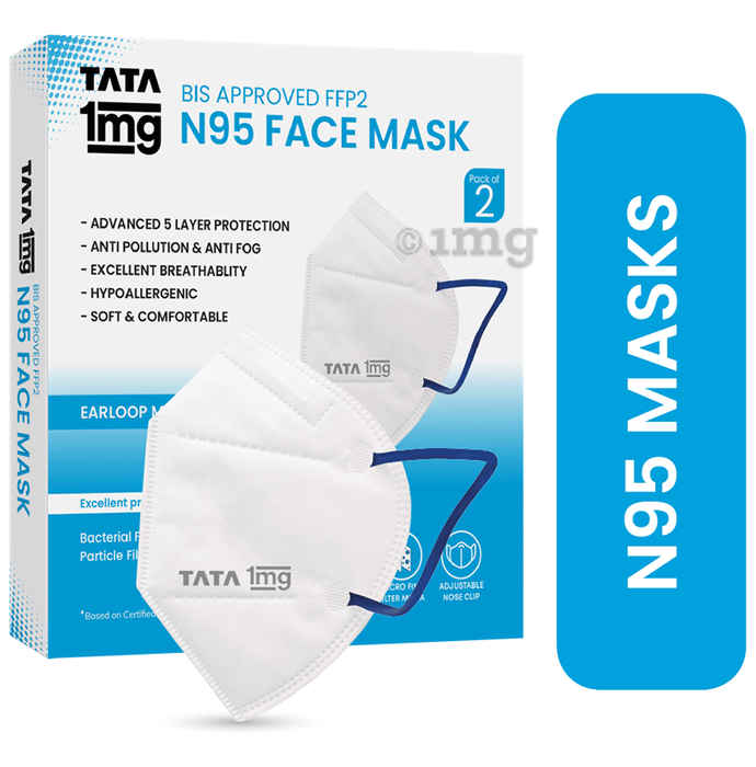 Tata 1mg BIS Approved FFP2 N95 Mask White - Ear Loop, Premium Face Mask 5 Layer