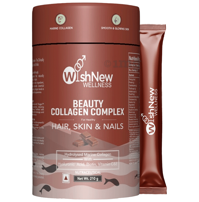 Wishnew Wellness Beauty Collagen Complex Sachet (10gm Each) for Healthy Hair, Skin and Nails with Hydrolysed Marine Collagen Hyaluronic Acid, Biotin & Vitamin C Chocolate