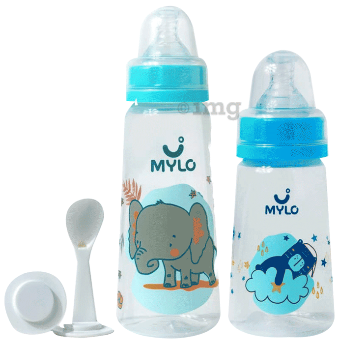 Mylo 2 In 1 BPA Free with Anti-Colic Nipple & Spoon Baby Feeding Bottle (125ml & 250 ml) Bear & Elephant