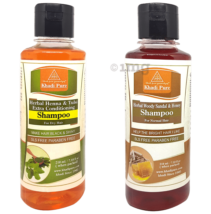Khadi Pure Combo Pack of Herbal Heena & Tulsi Extra Conditioning Shampoo & Herbal Woody Sandal & Honey Shampoo SLS & Paraben Free (210ml Each)