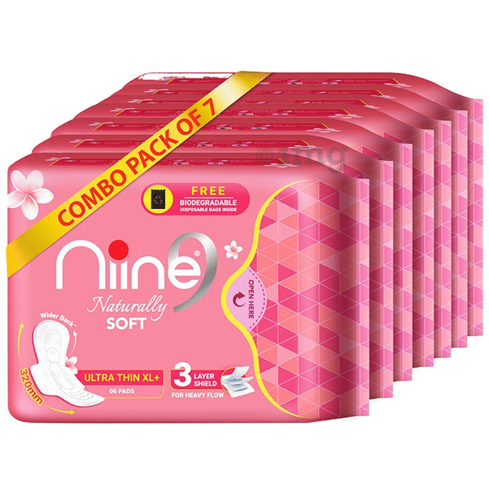 Niine Naturally Soft Pads (6 Each) with Biodegradable Disposal Bag Inside Free Ultra Thin XL+