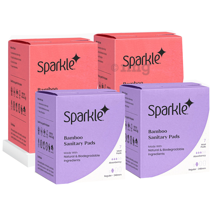 Sparkle Combo Pack of Bamboo Sanitary Pads Made with Natural Biodegradable Ingredients 2 Regular & 2 Overnight (7 Each)