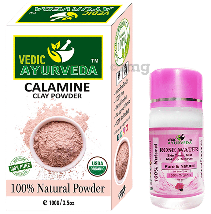 Vedic Ayurveda Combo Pack of Calamine Clay Powder Face Pack (100gm) with Rose water (60 ml)