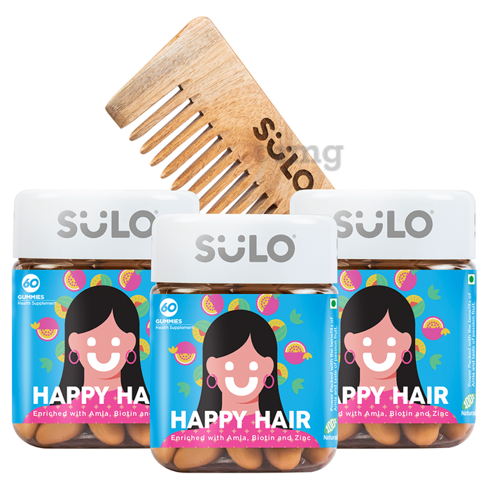 Sulo Nutrition Happy Hair Gummies for Women (60 Each) with Neem Wood Comb Free