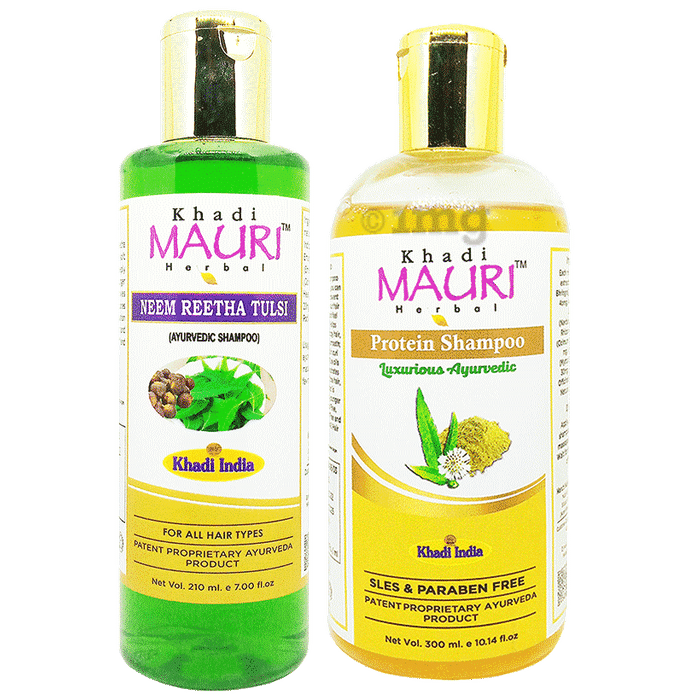 Khadi Mauri Herbal Combo Pack of Neem Reetha Tulsi (210ml) & Protein (300ml) Shampoo