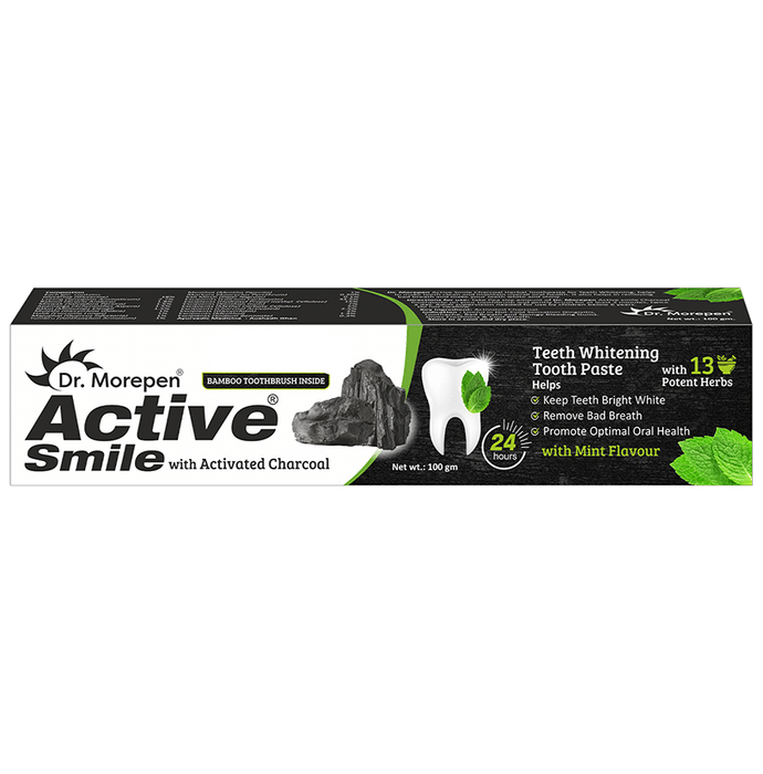 Dr. Morepen Active Smile Charcoal Teeth Whitening Toothpaste Mint Bamboo Toothbrush Inside