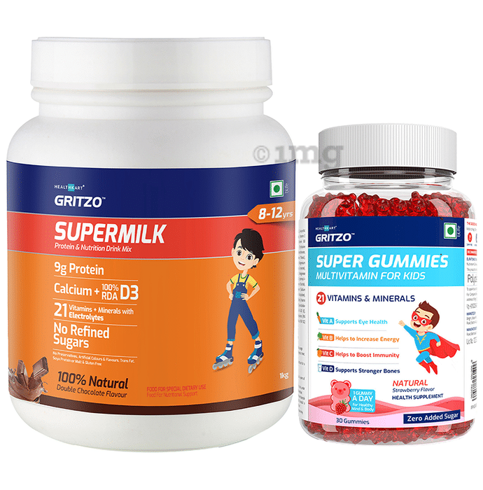Gritzo Combo Pack of Supermilk 8-12 Yrs Double Chocolate Flavour (1kg) and Super Gummies Multivitamins for Kids Natural Strawberry Flavour (30)