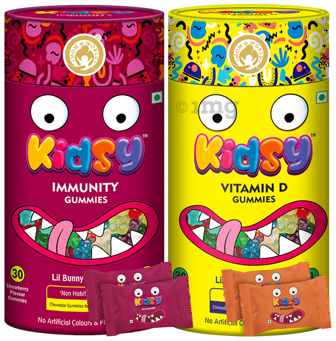 Mom & World Combo Pack of Kidsy Immunity and Vitamin D Gummies (30 Each) Strawberry & Lemon