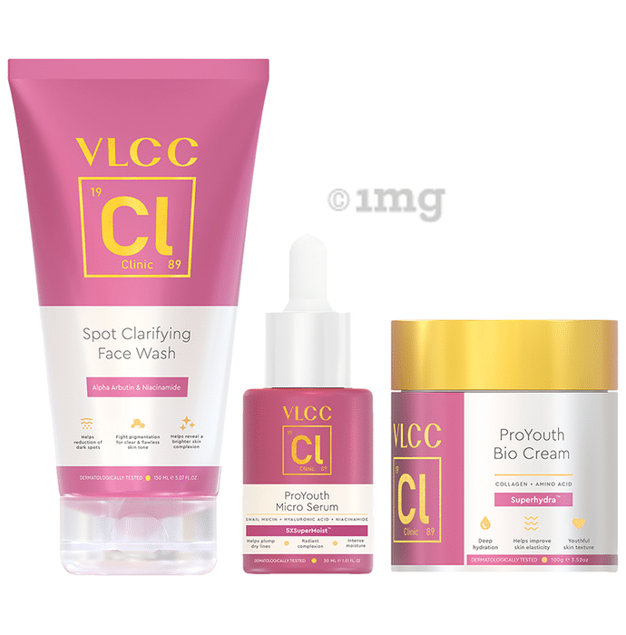 VLCC Clinic Spot Clarifying Face Wash (150 ml) ProYouth Micro Serum (30 ml) & ProYouth Bio Cream (100 gm)