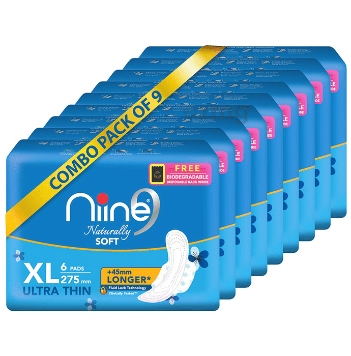 Niine Naturally Soft Pads (6 Each) with Biodegradable Disposal Bag Inside Free Ultra Thin XL