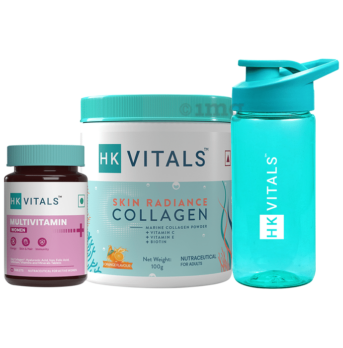 HK Vitals Combo Pack of Skin Radiance Collagen Powder Orange Flavour (100gm) & Multivitamin Tablet for Women (30) with Sipper 300ml