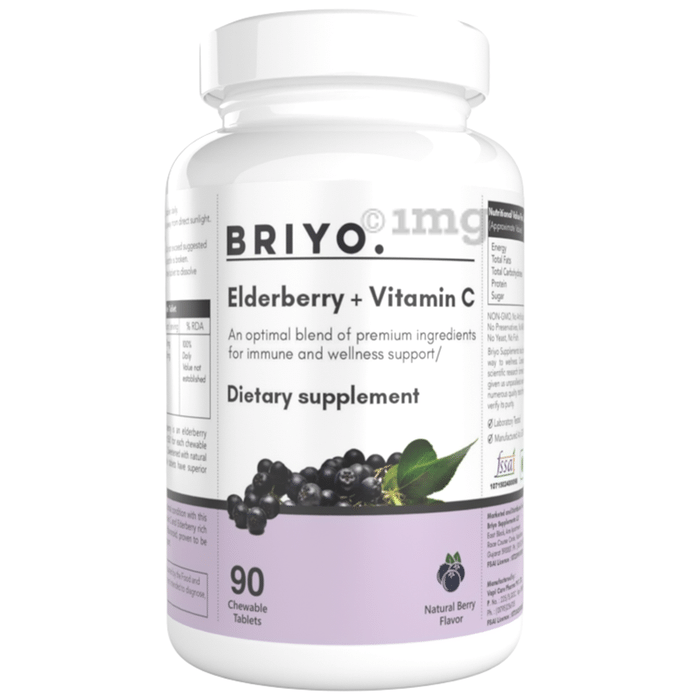 Briyo Elderberry 200 mg Plus Vitamin C 80 mg Chewable Tablets for Daily Support for Immune Health, Antioxidant Protection Natural Berry