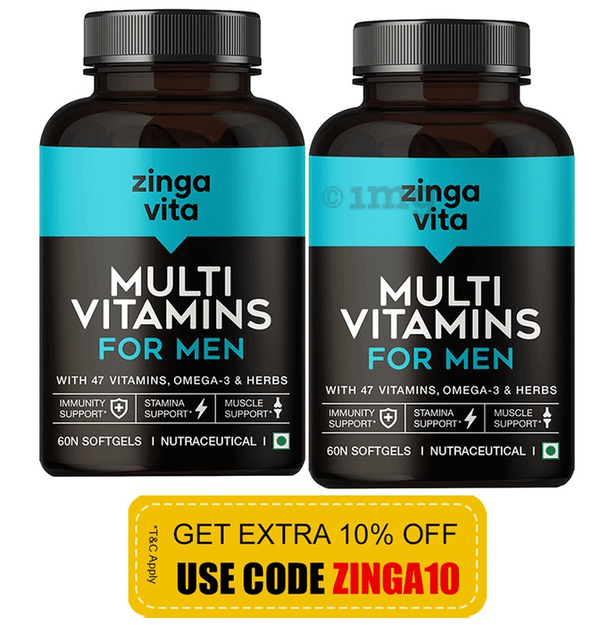 Zingavita Multivitamins Softgels for Men with Vitamins, Minerals, Omega 3 & Herbs | For Immunity, Stamina & Muscle Support (60 Each)