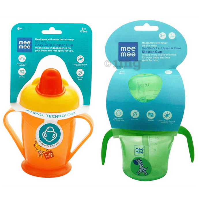 Mee Mee Combo Pack of Easy Grip Sipper Cup with Twin Handle,Orange Color (180ml) & 2 in 1 Spout and Straw Sipper Cup, Green Color (150ml)