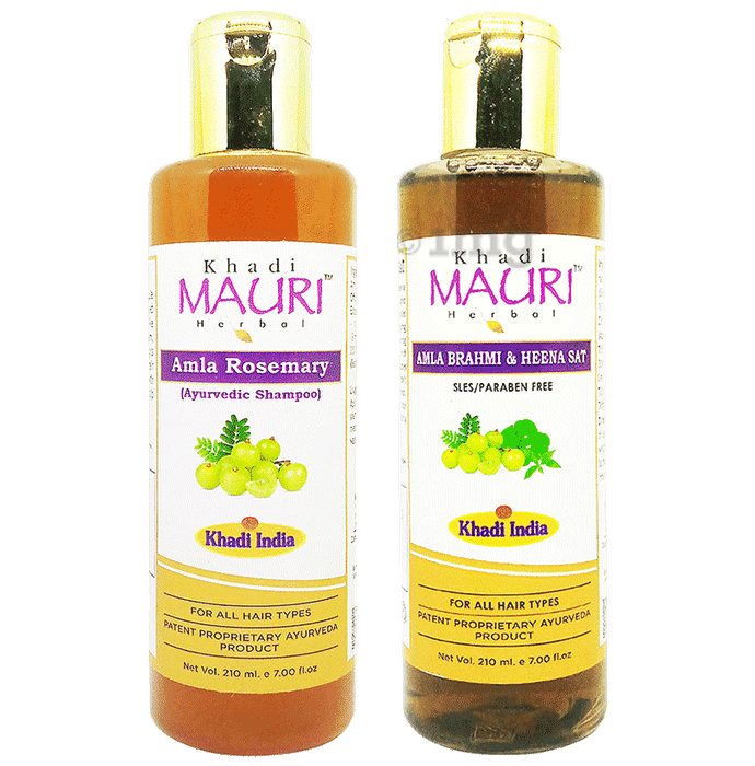 Khadi Mauri Herbal Combo Pack of  Amla Rosemary & Amla Brahmi Heena Shampoo (210ml Each)
