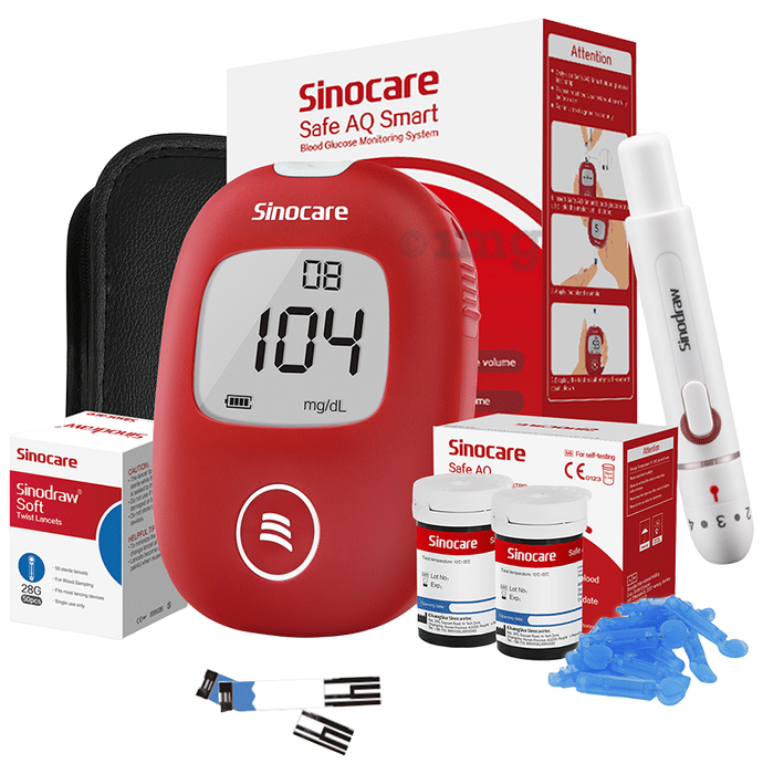 Sinocare Safe AQ Smart Glucometer Blood Glucose Monitoring Kit with 50 Test Strips & 50 Lancets