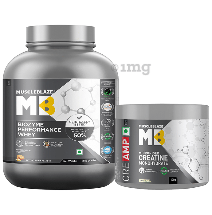 Muscleblaze Combo Pack of Biozyme Performance Whey Protein Powder Chocolate Butter Cookie (2kg) & Creatine Monohydrate Unflavoured (100gm)